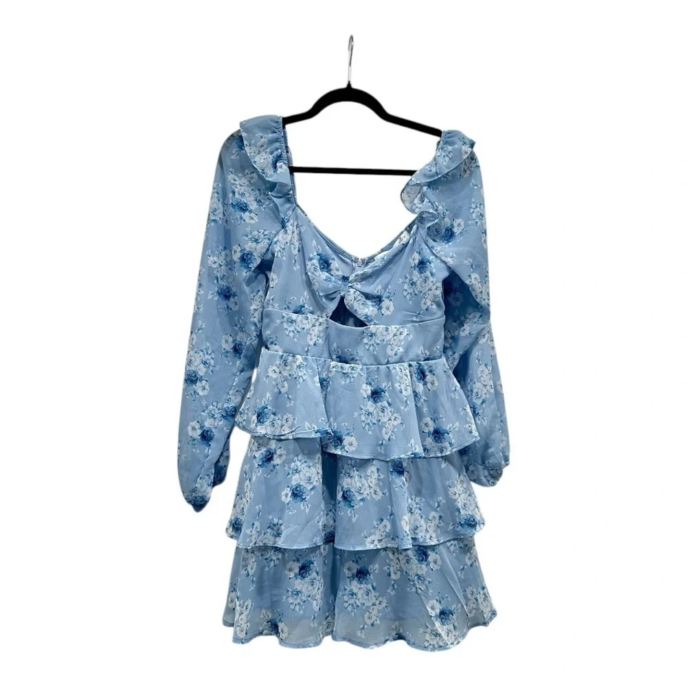 Altar'd State Blue Floral Long Sleeve Tiered Mini Dress Size Medium NWOT - Picture 2 of 5
